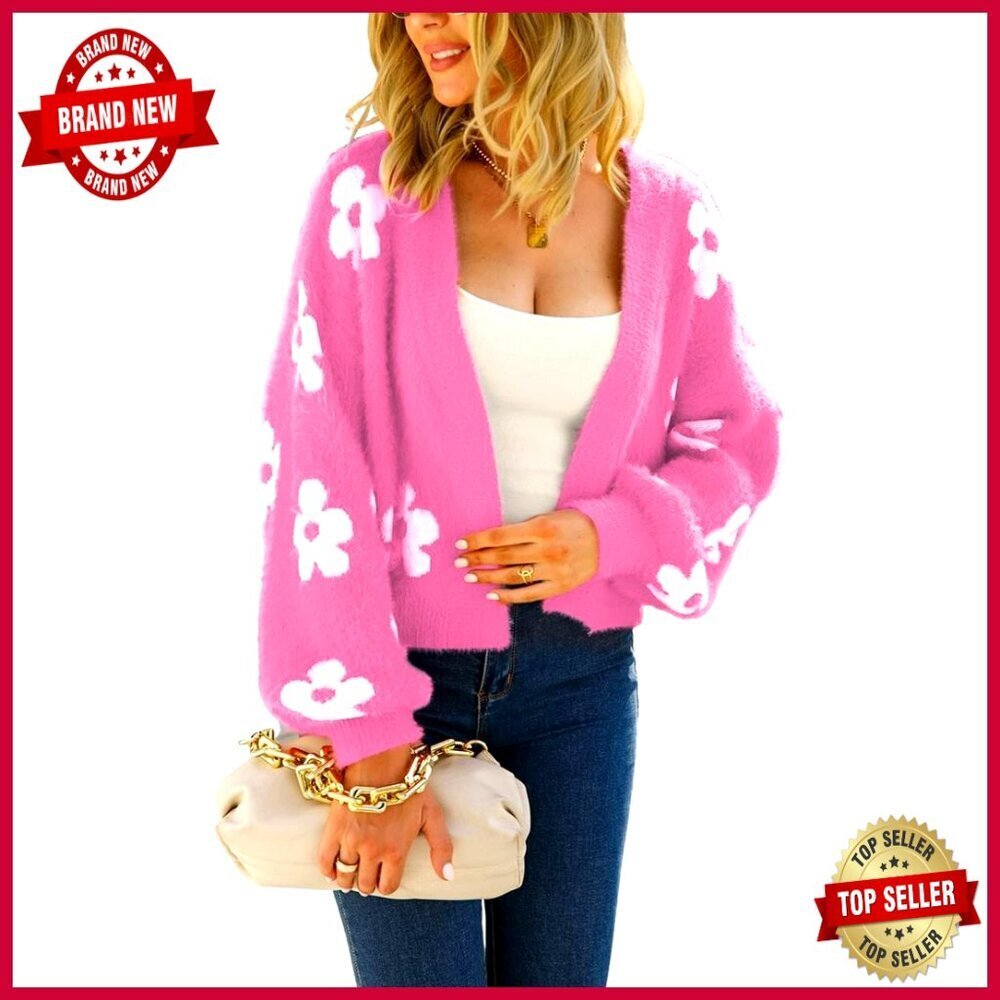 Cropped Cardigan Sweater Fuzzy Daisy Print Open Front Loose Fit